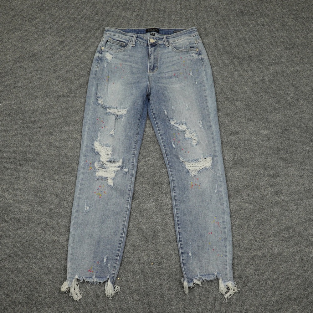 Judy Blue Jeans Women 9 Blue Paint Splatter Distressed Frayed Hem Boyfriend Fit